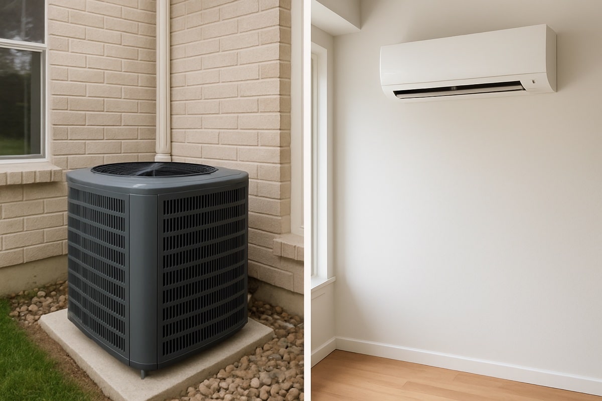 Central air conditioning condenser and ductless mini-split indoor unit compared side by side at an Ontario home