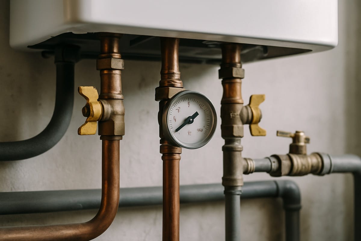 Boiler pipe connections, pressure gauge, and shutoff valves