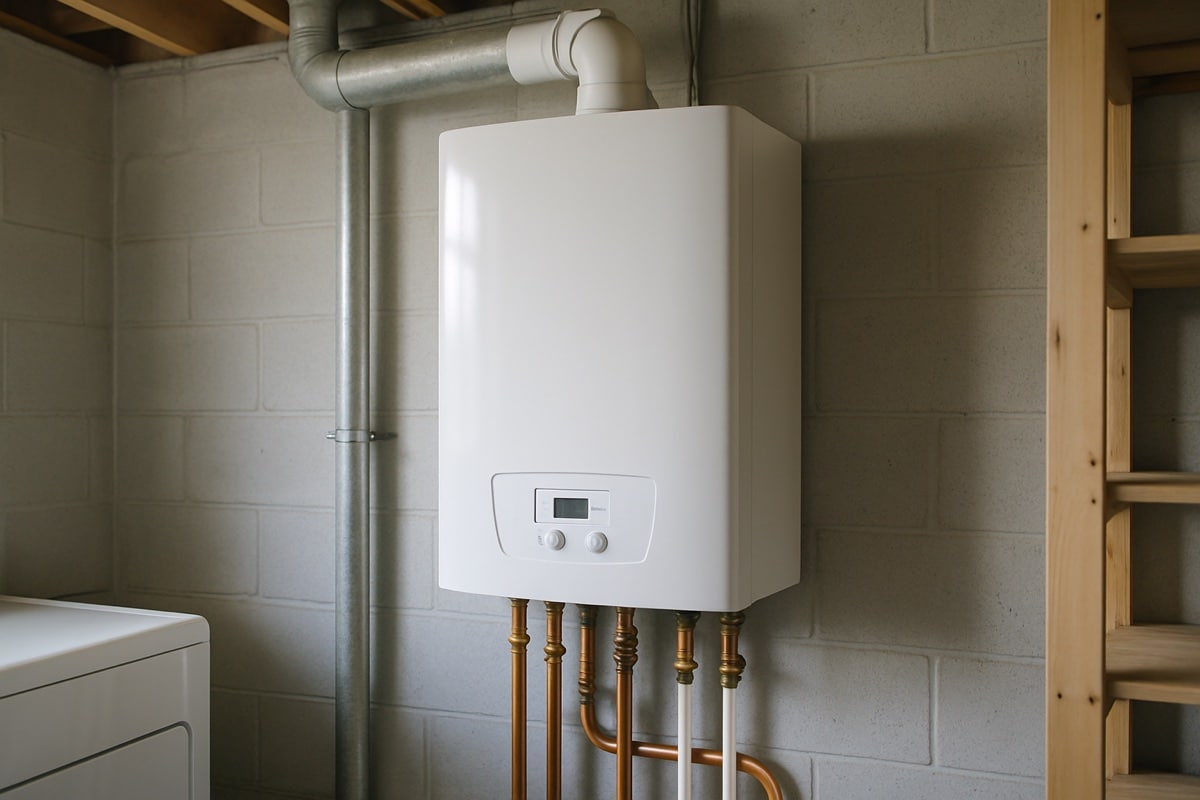 Modern wall-mounted residential condensing boiler in a home utility room