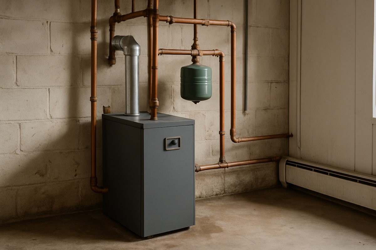 Residential hydronic boiler connected to copper piping and a baseboard radiator