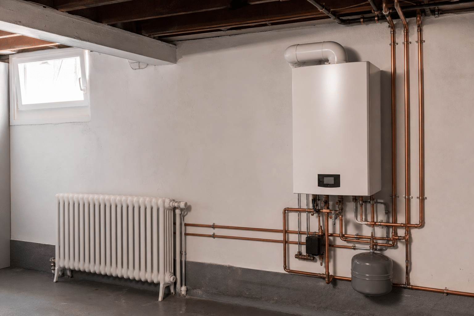 Wall-mounted boiler with copper piping in a Mississauga basement utility room