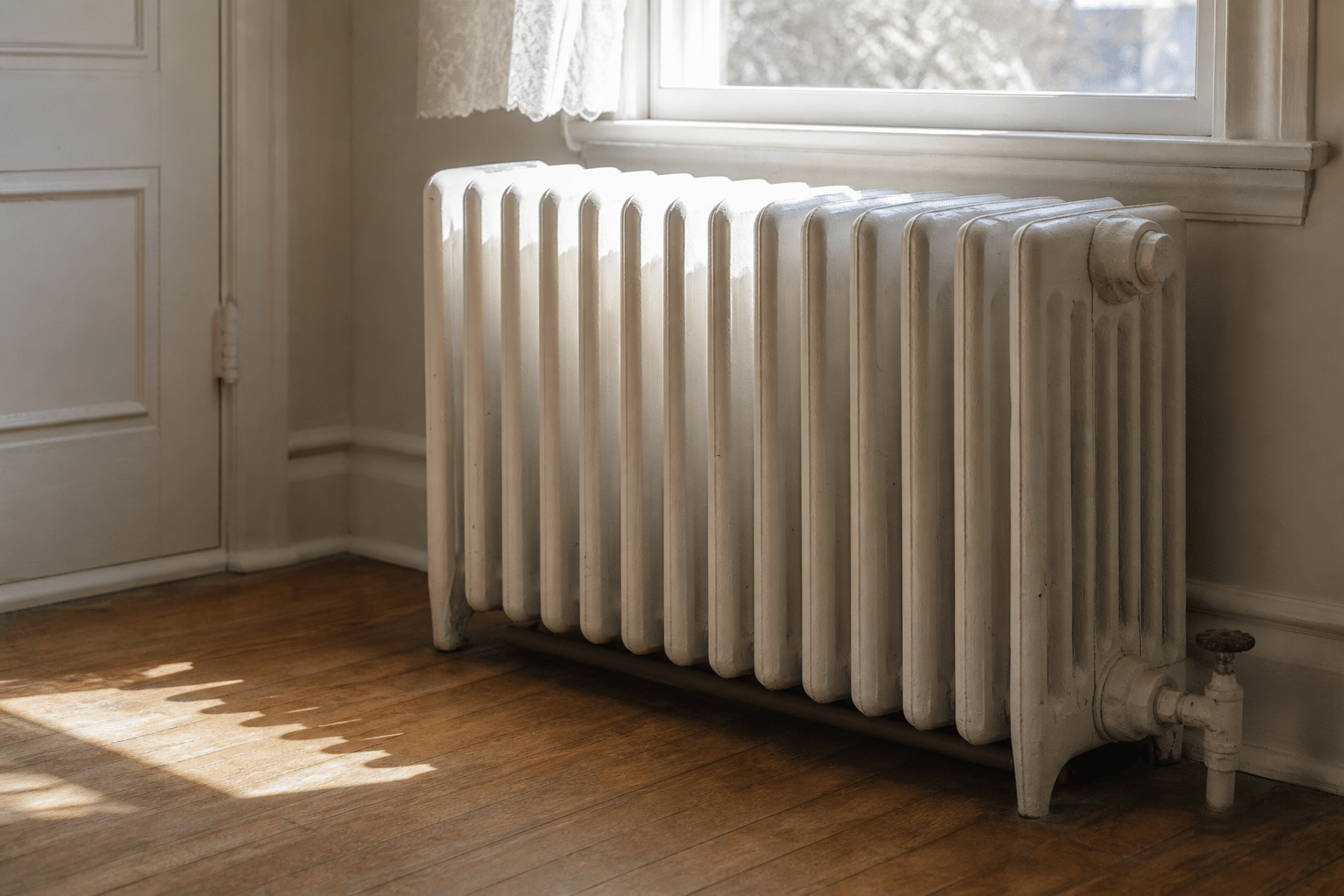 Cast-iron hot water radiator beneath a window in an older Mississauga home