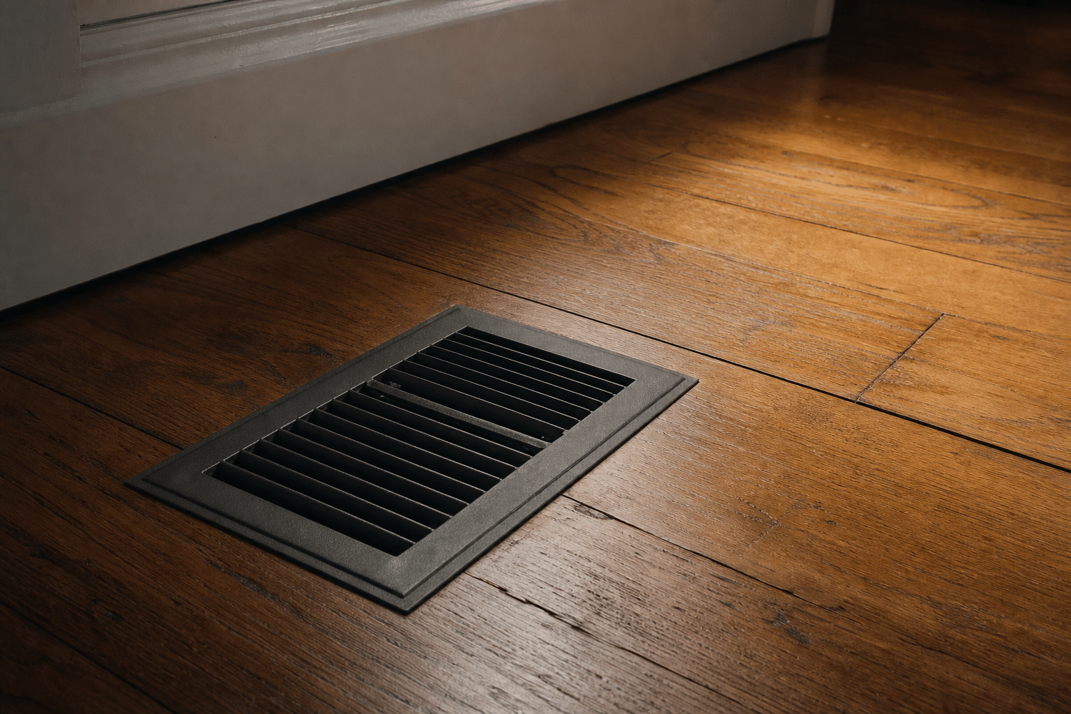 Forced-air floor vent register in hardwood flooring, the hallmark of furnace heating