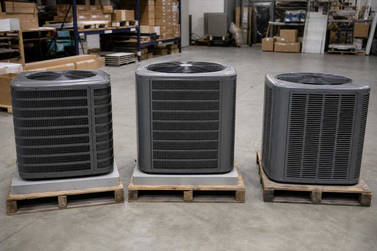 Three unbranded central air conditioner condensers shown for comparison