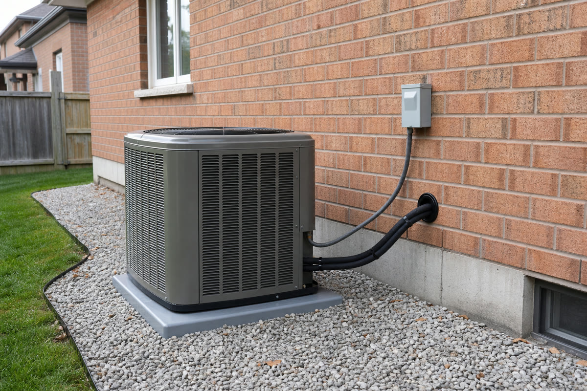 Unbranded central air conditioner condenser installed with open service clearance