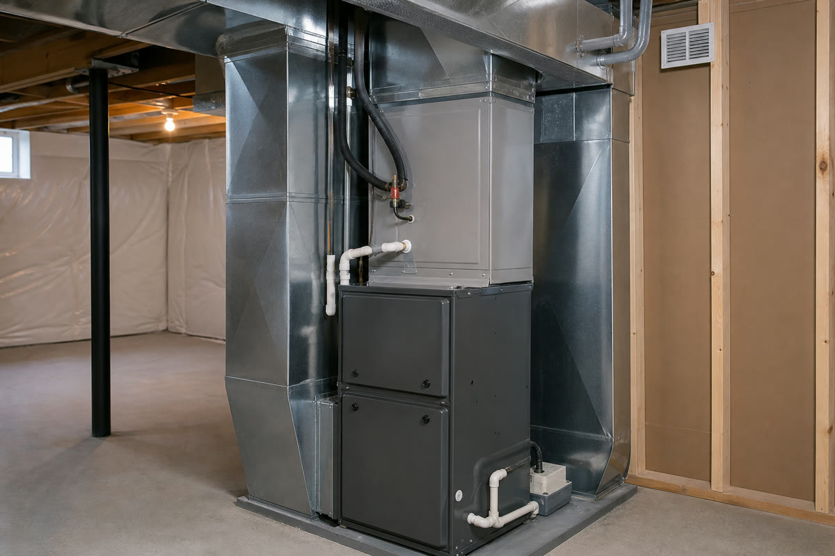 Indoor evaporator coil cabinet matched above a residential furnace