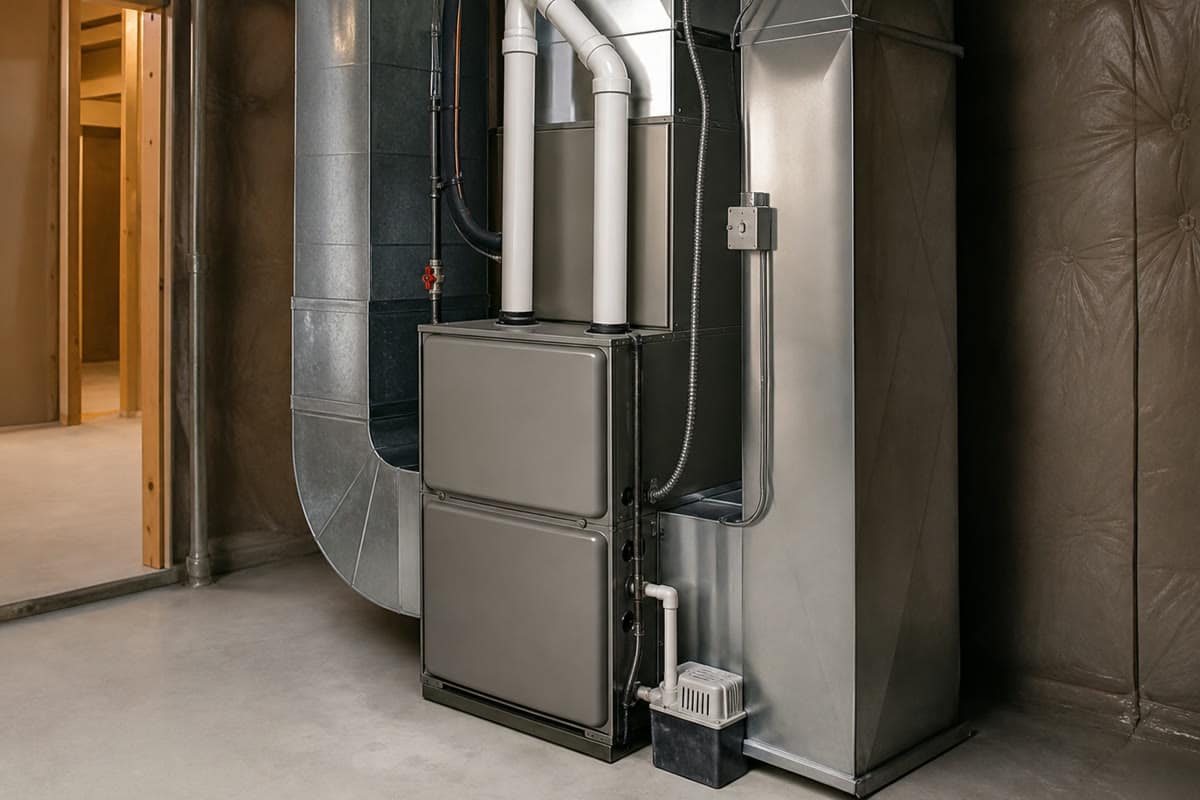 Older furnace beside a prepared replacement area in a Mississauga basement