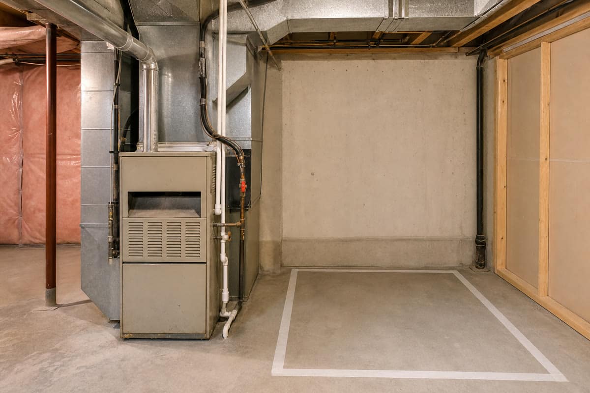 Older furnace beside a marked area prepared for replacement equipment