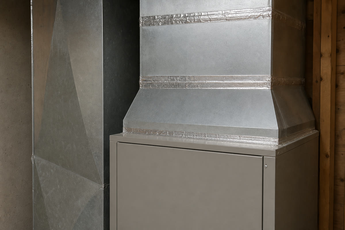 Close view of a sealed furnace duct transition and installation components