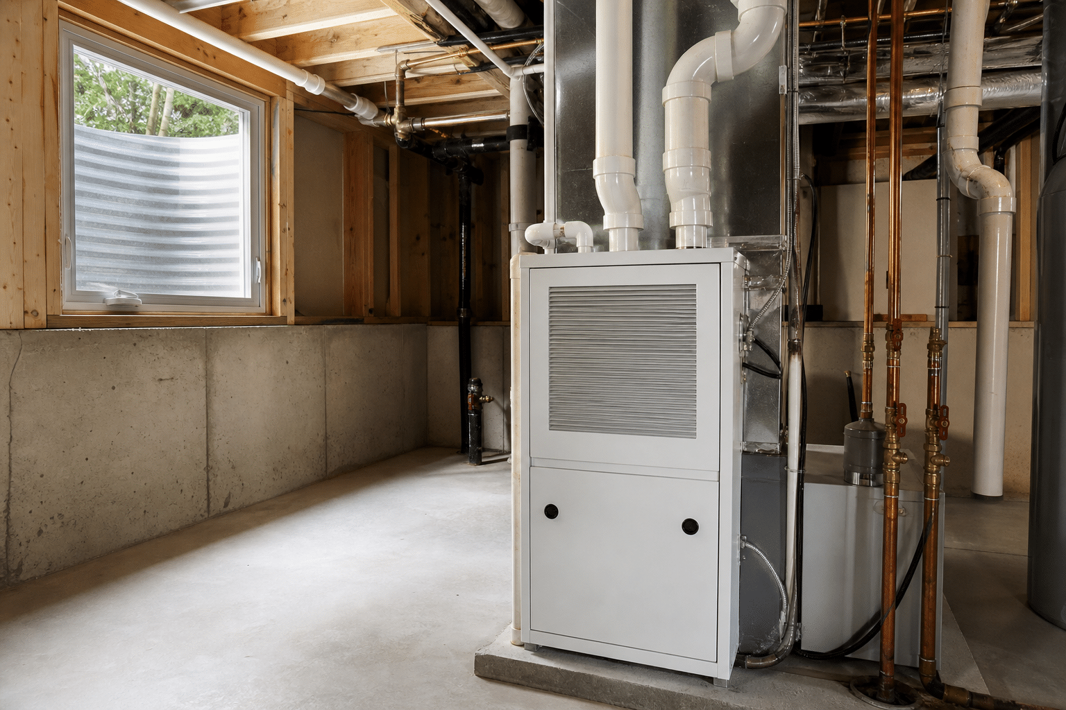 High-efficiency gas furnace in a clean Mississauga basement mechanical room