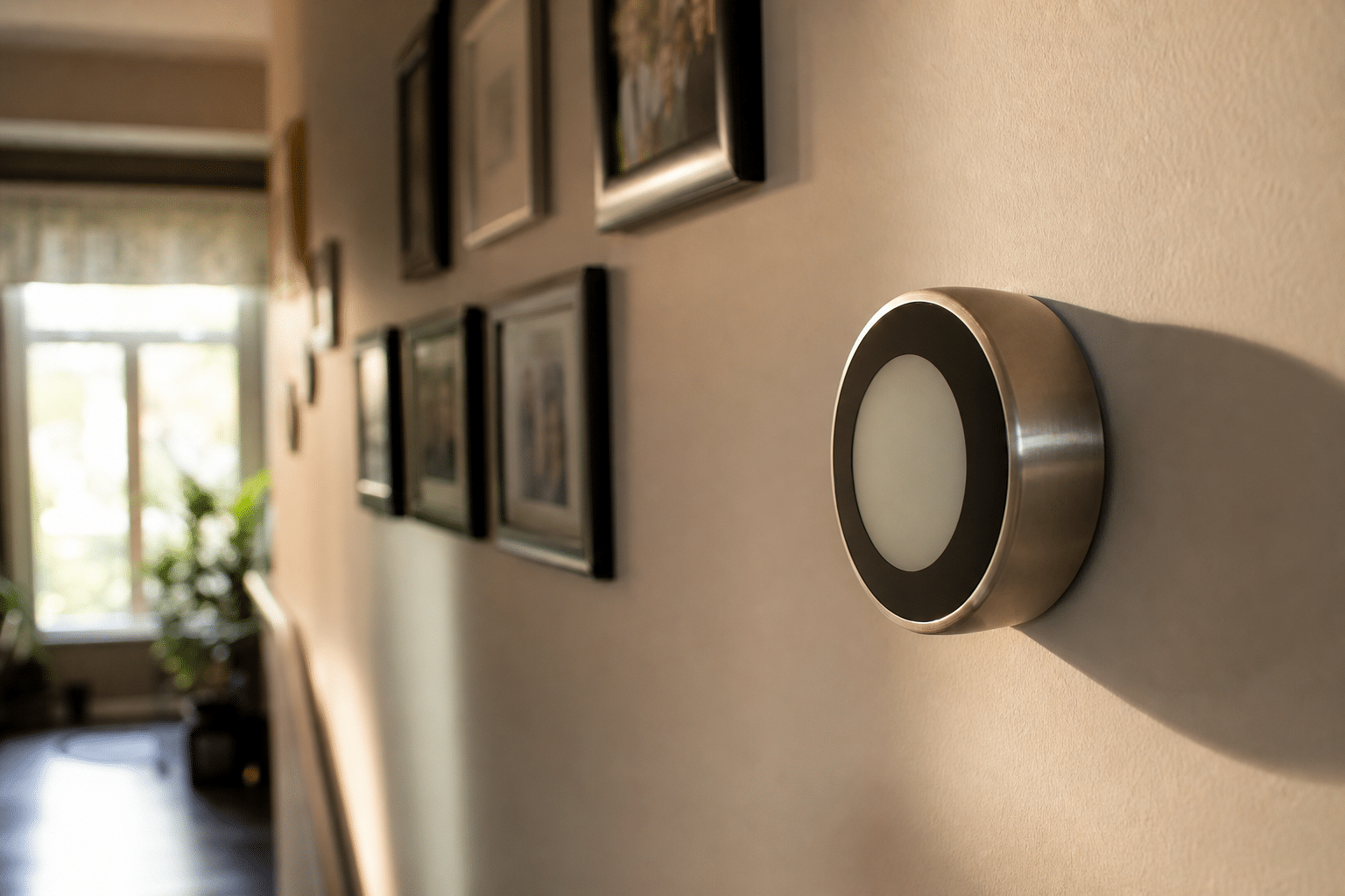 Smart thermostat on a hallway wall in a Mississauga home in late summer