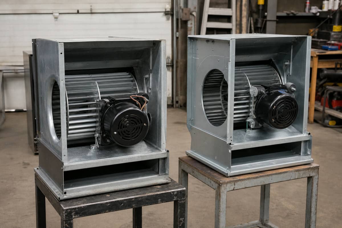 Two unbranded furnace blower assemblies prepared for comparison