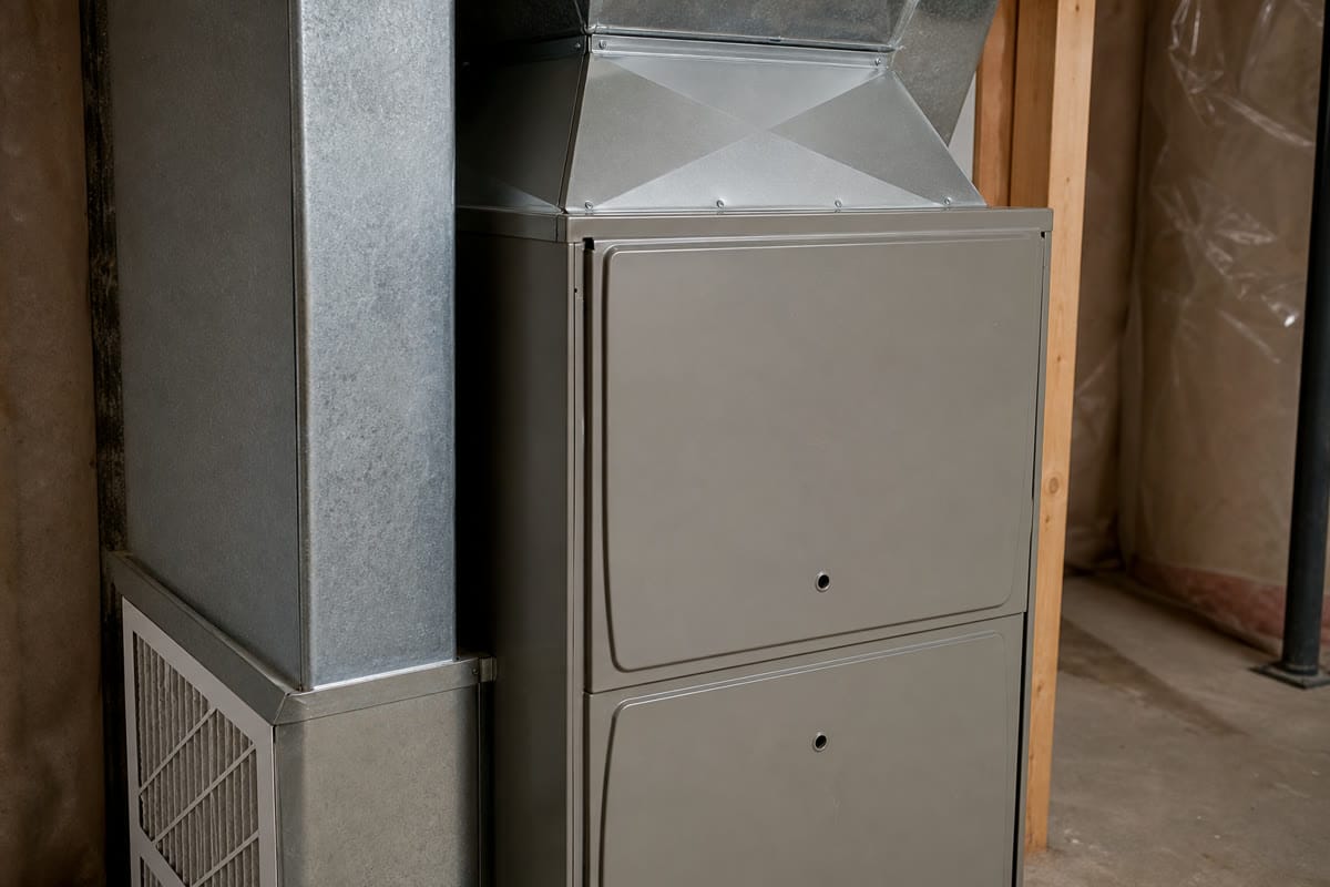 Installed unbranded high-efficiency furnace with a clean duct transition