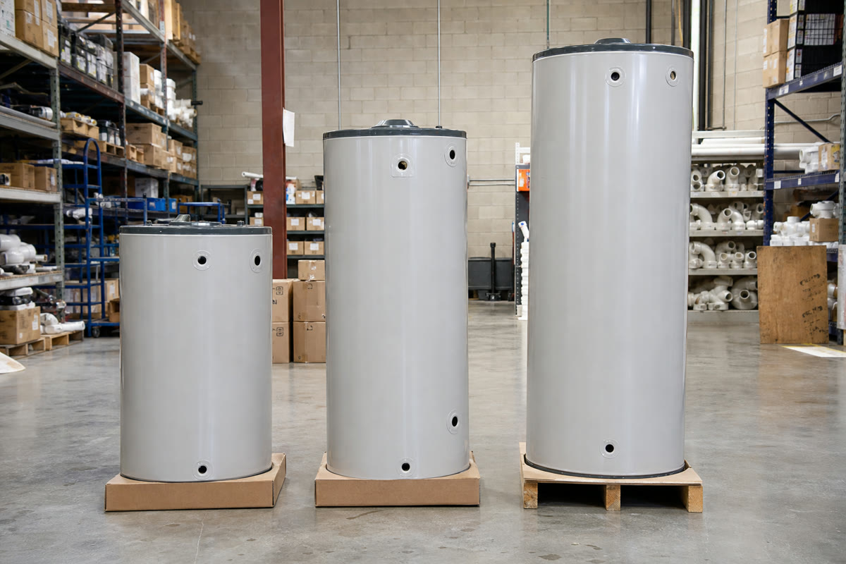 Residential storage water heaters in different capacities