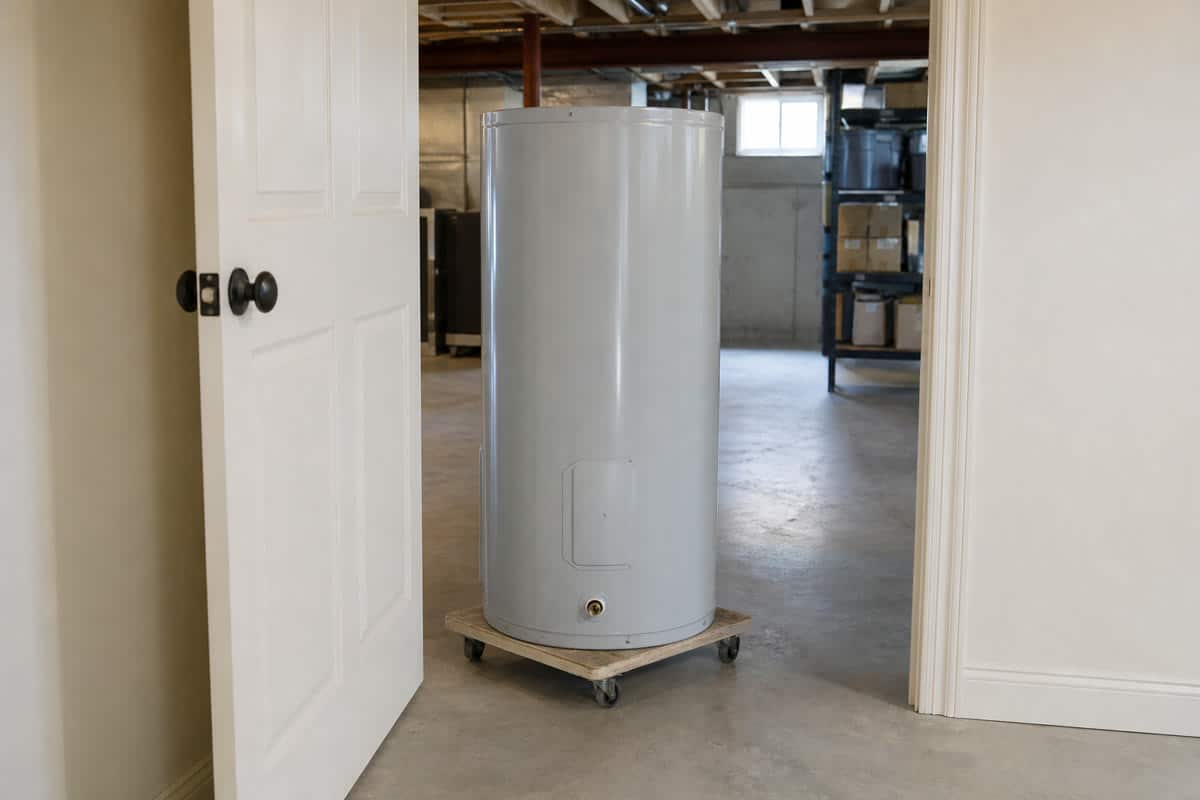 Uninstalled storage tank water heater being test-fit through a basement doorway