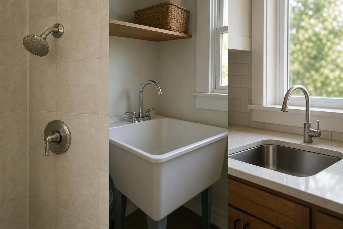 Shower, laundry, and kitchen fixtures representing simultaneous hot-water demand