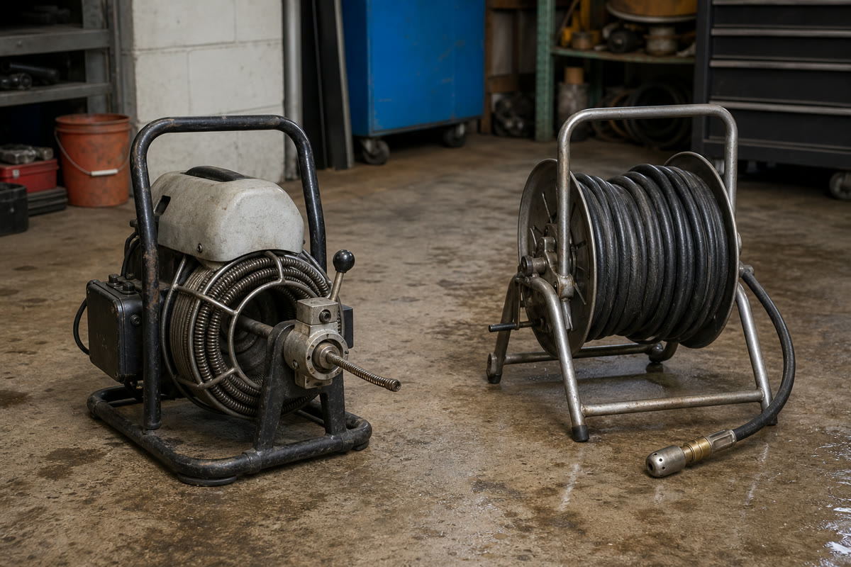 Drain snake and hydro-jetting equipment arranged for comparison