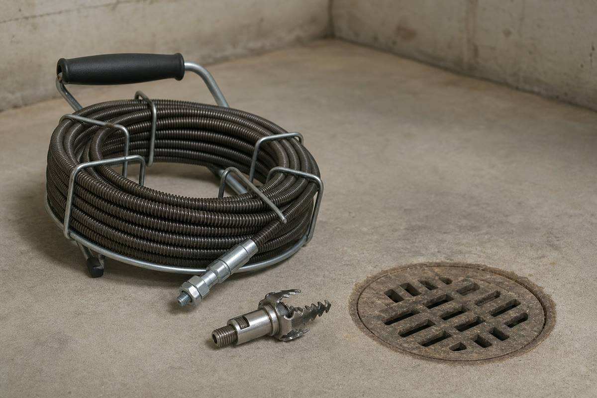 Drain snake cable and cutting head beside a basement floor drain