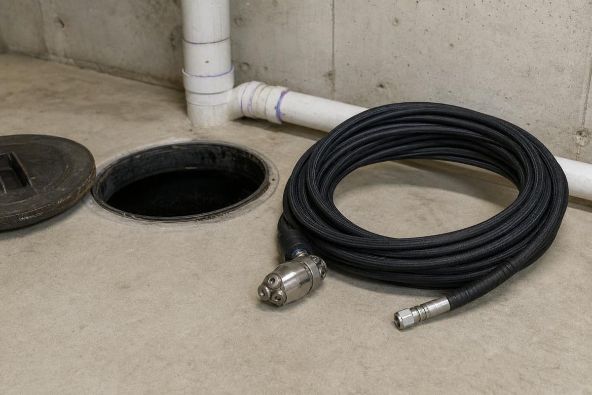 Hydro-jetting hose and nozzle arranged beside a plumbing cleanout
