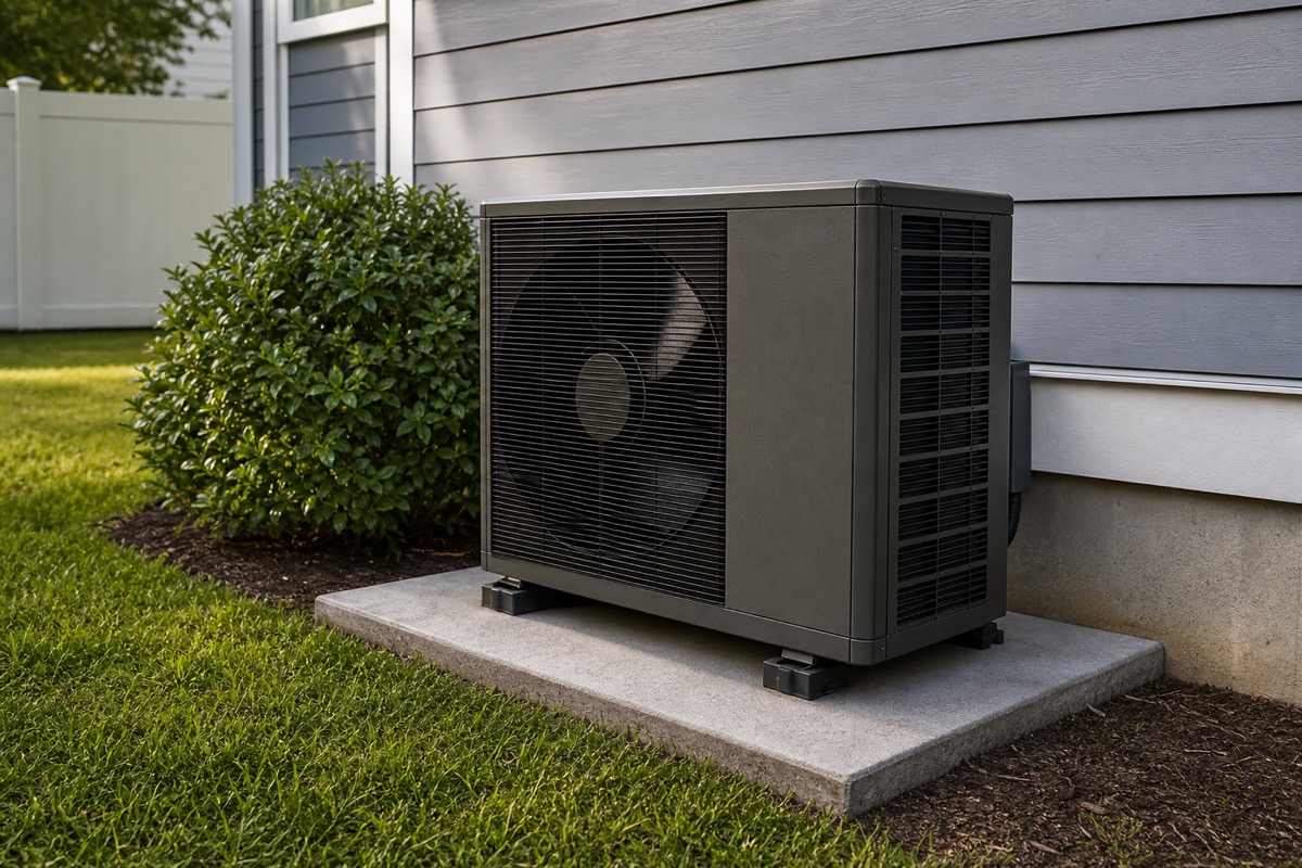Air-source heat pump condenser beside a suburban home eligible for Ontario heat pump rebates