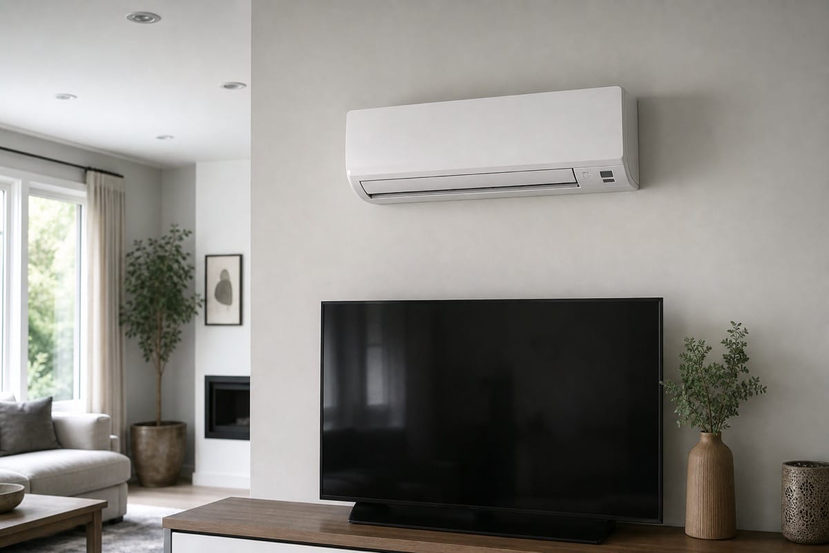 Wall-mounted ductless heat pump indoor unit in a modern living room