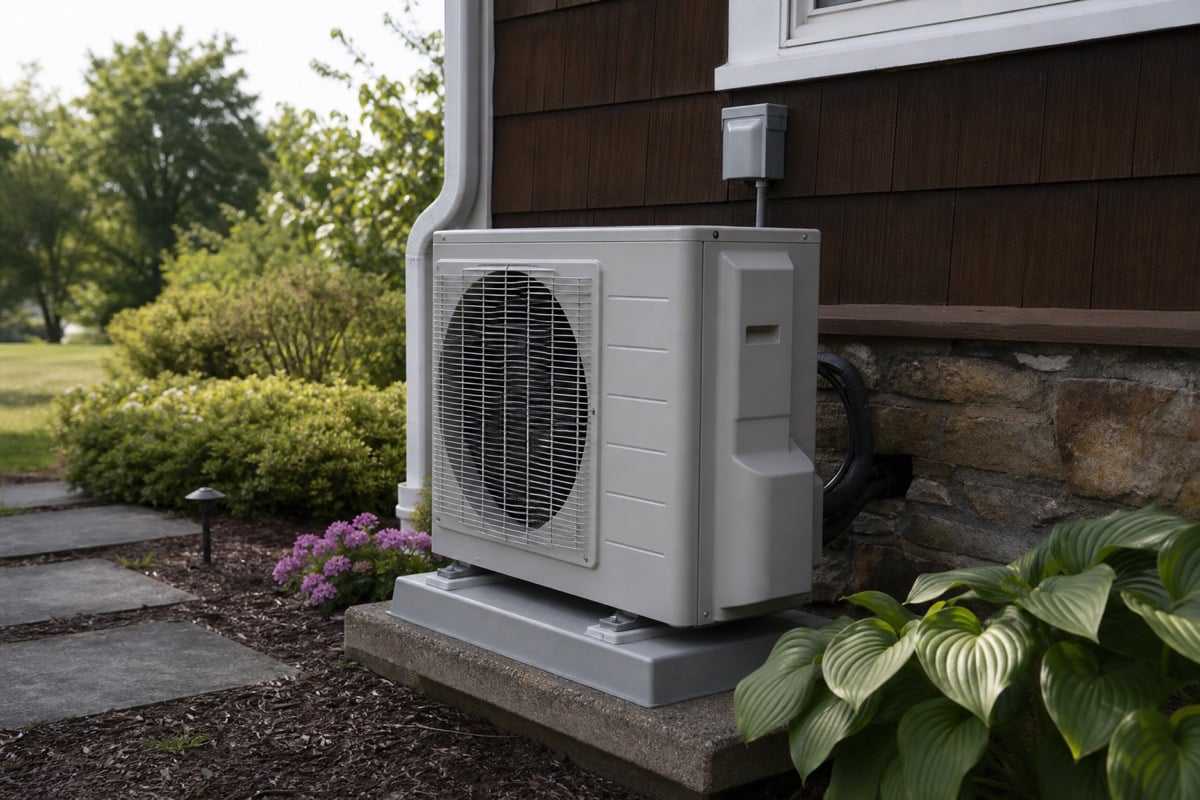 Outdoor heat pump unit installed next to a home foundation
