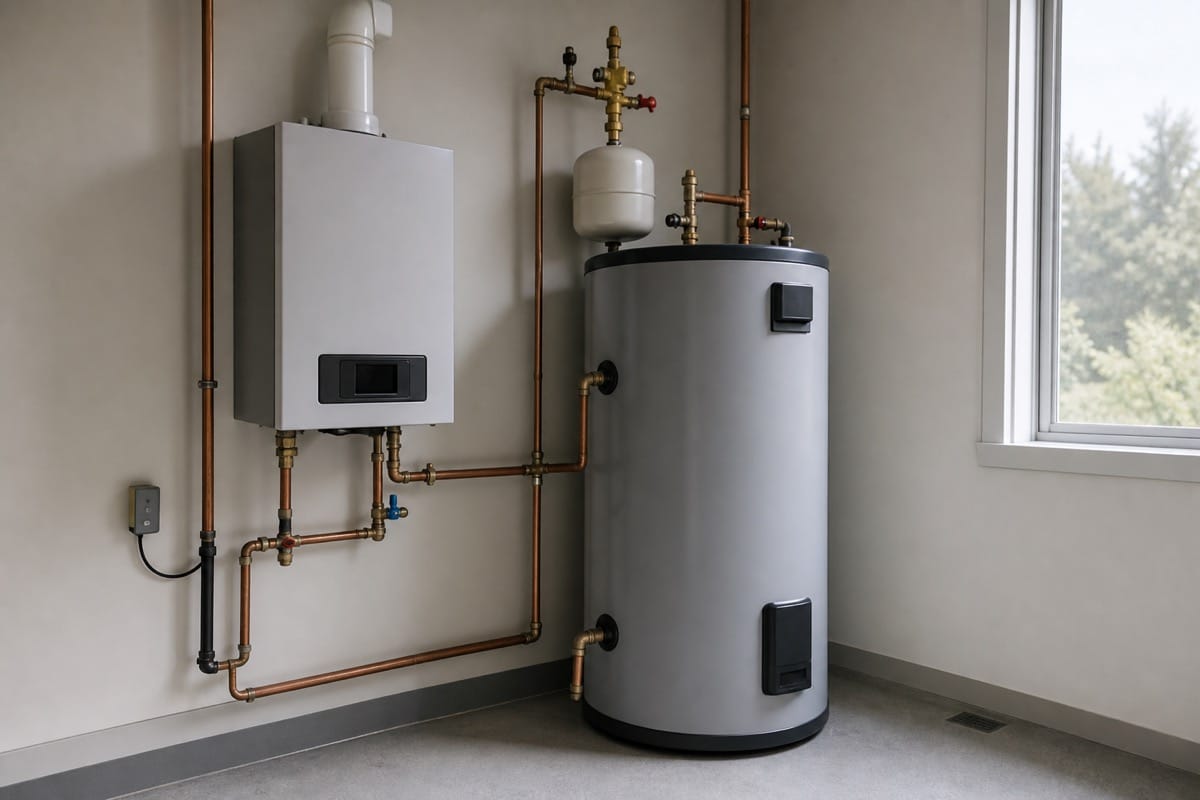 Tankless water heater and storage-tank water heater side by side in a utility room