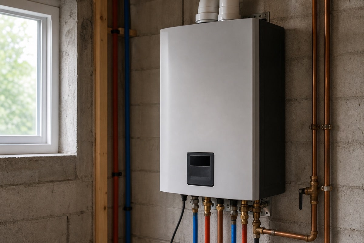 Compact tankless water heater mounted on a basement wall