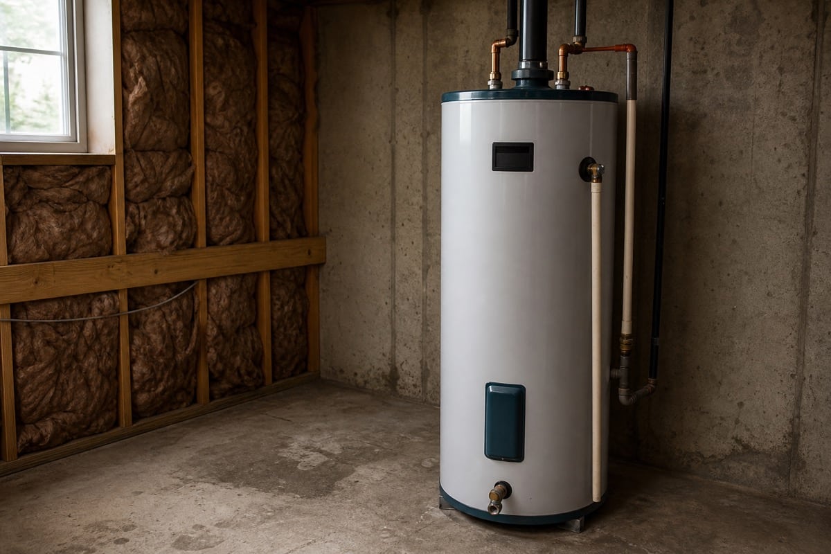 Traditional storage-tank water heater in a basement mechanical room