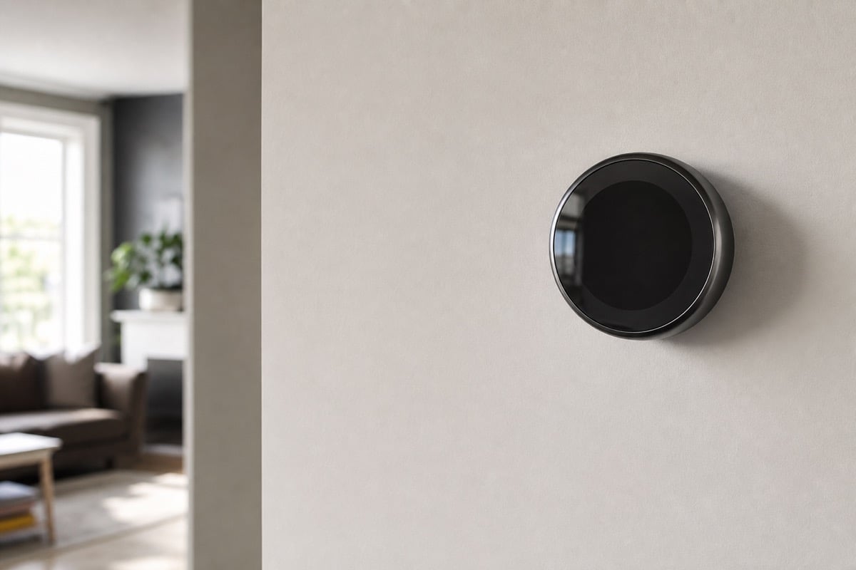 Modern smart thermostat mounted on a living room wall