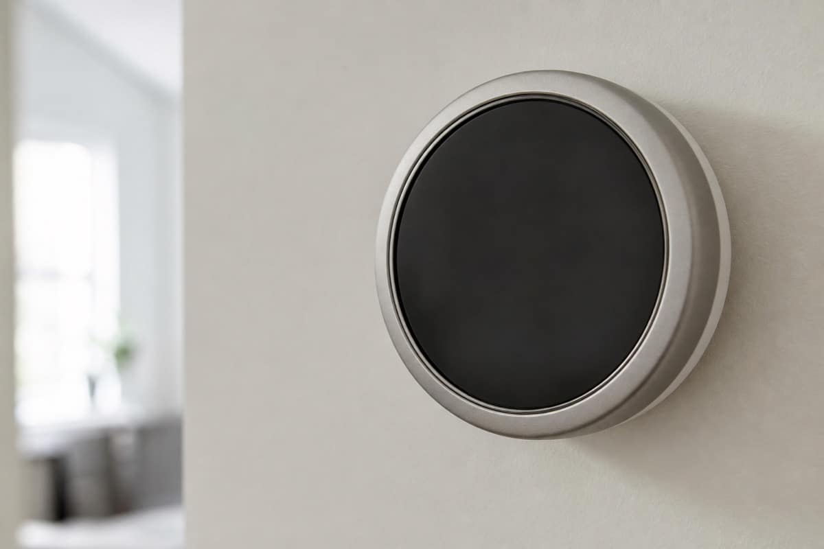 Close-up of a smart thermostat with a blank display