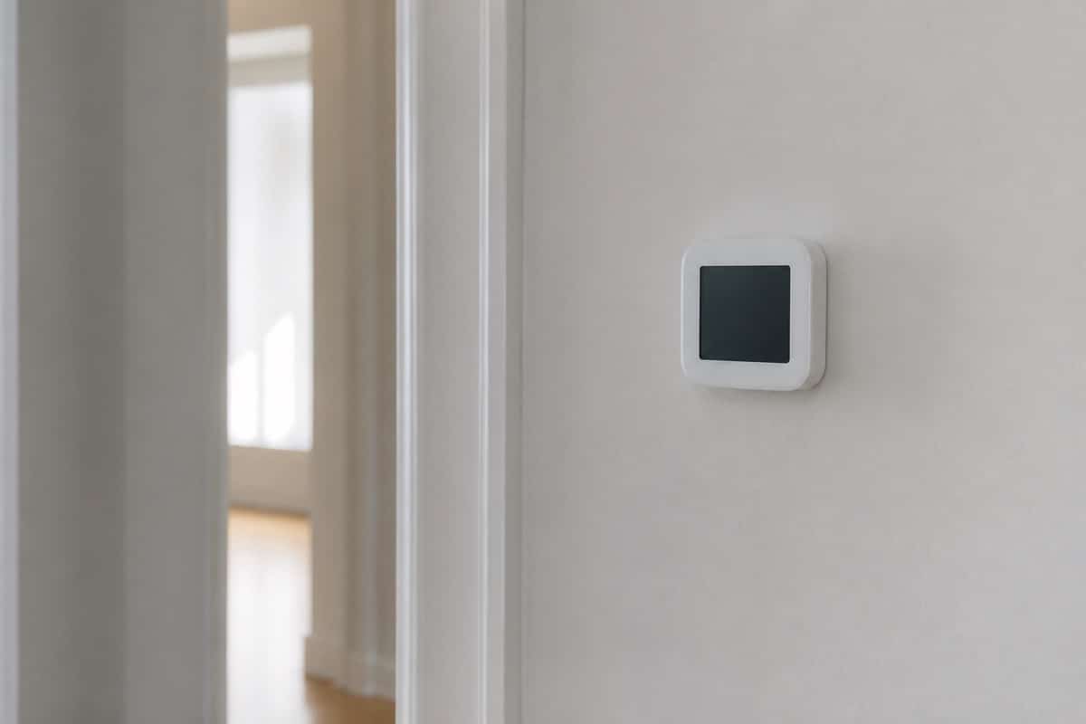 Wall thermostat beside a hallway doorway