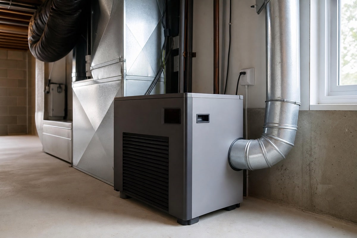 Whole-home dehumidifier connected to HVAC ductwork in a basement