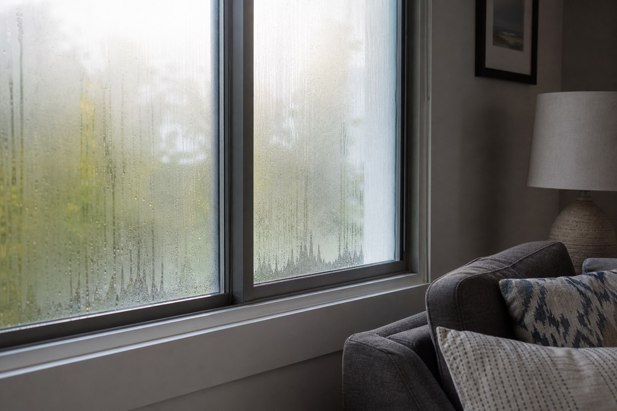 Condensation on the inside of a home window on a humid day