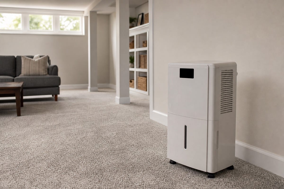 Portable dehumidifier running in a finished basement