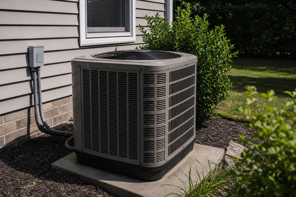 Central air conditioner condenser beside a suburban house