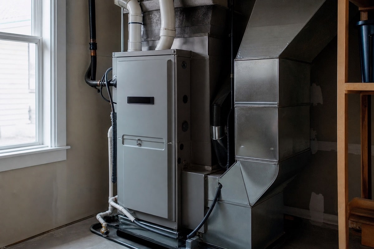 Indoor HVAC air handler connected to ductwork in a utility room
