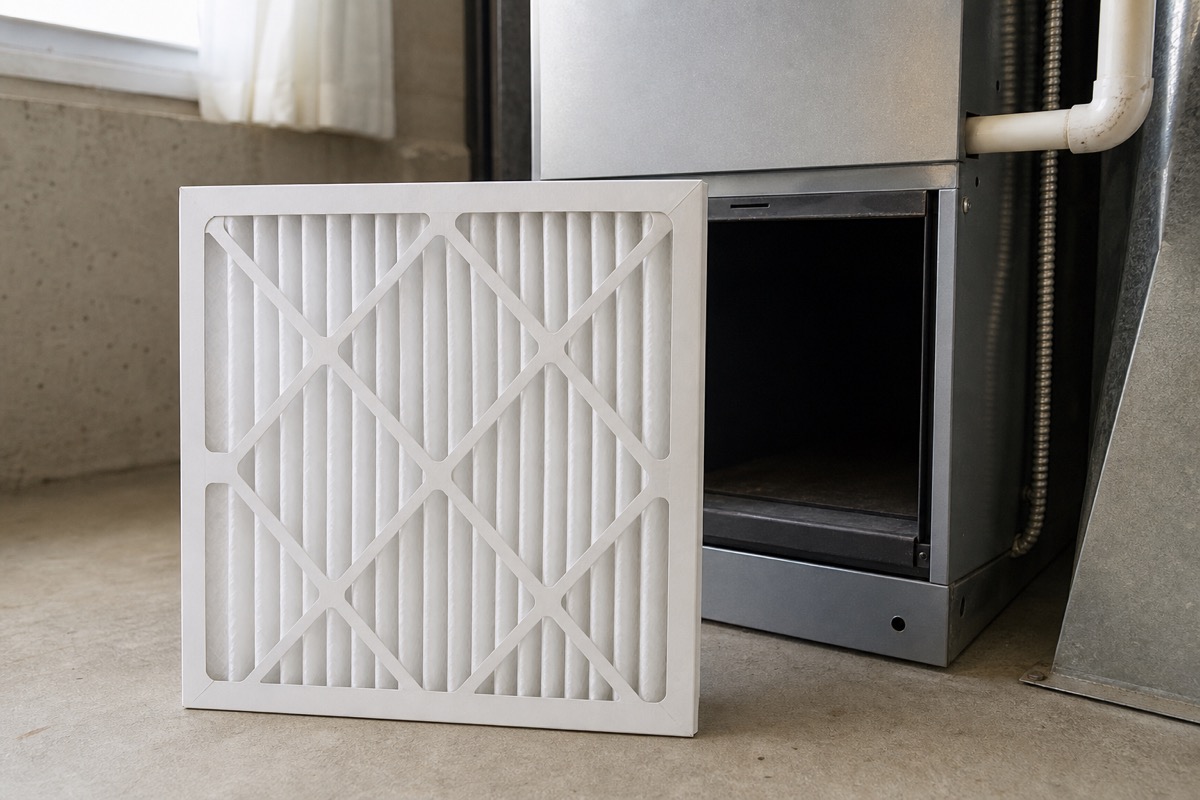 Clean pleated furnace filter in front of a furnace filter slot