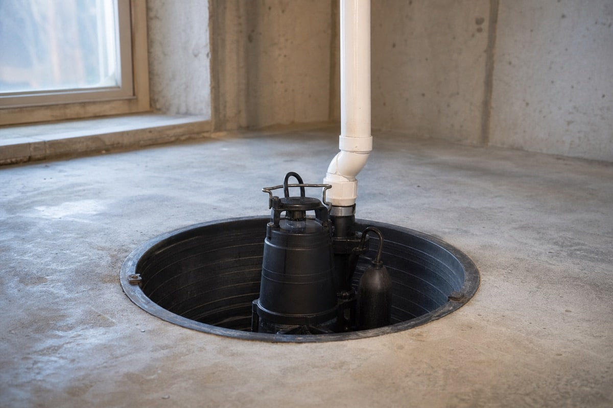 Sump pump installed in a basement sump pit with a discharge pipe