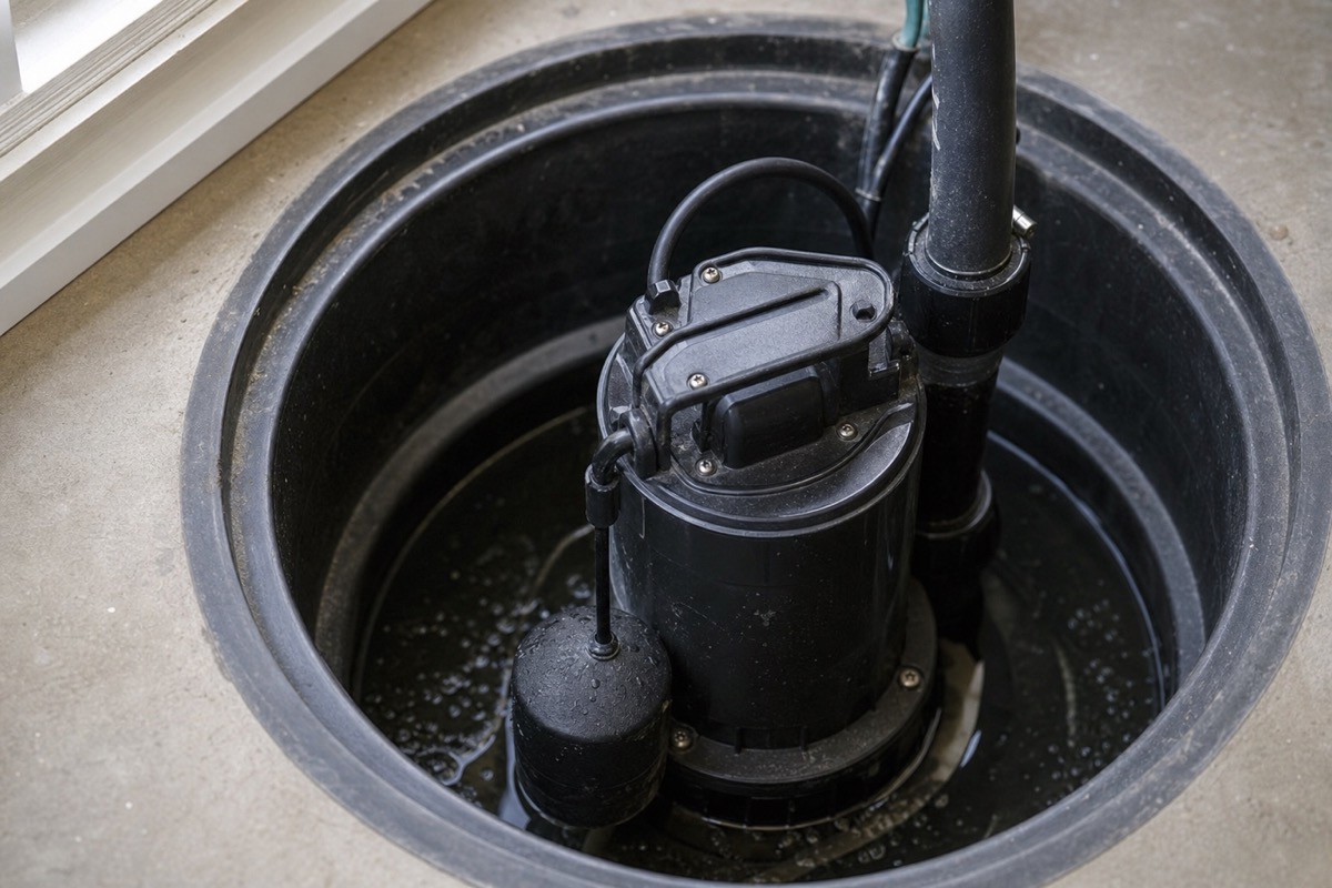 Close-up of a submersible sump pump with a float switch in a sump basin