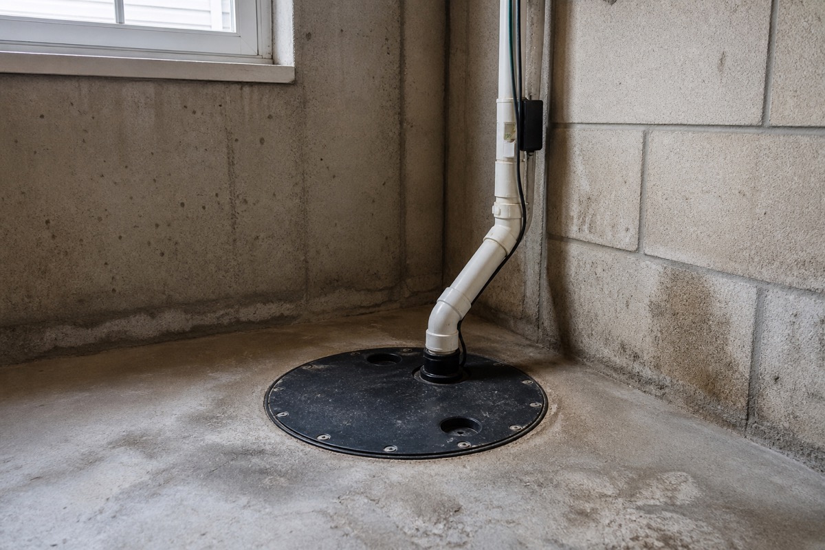 Basement sump pit cover with discharge piping along the wall