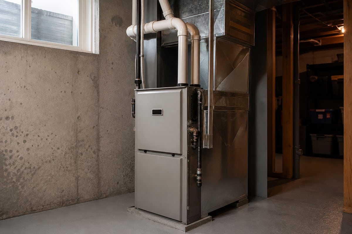 High-efficiency gas furnace with PVC venting in a basement