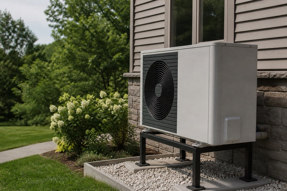 Outdoor air-source heat pump unit beside a house
