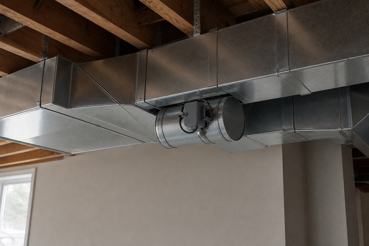 HVAC ductwork with a motorized zone damper in a basement ceiling