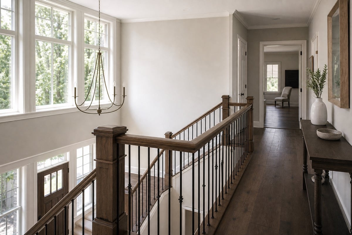 Bright two-storey home staircase serving multiple temperature zones