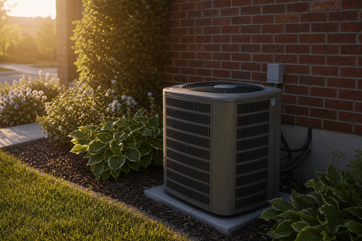 Outdoor air conditioner condenser unit beside a brick Mississauga home