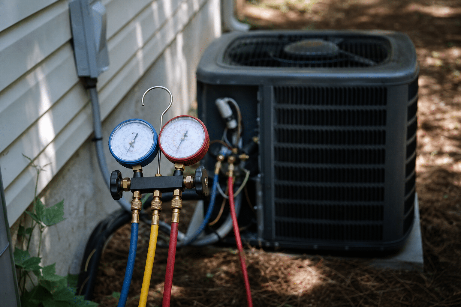 Refrigerant service gauges connected to a residential AC condenser