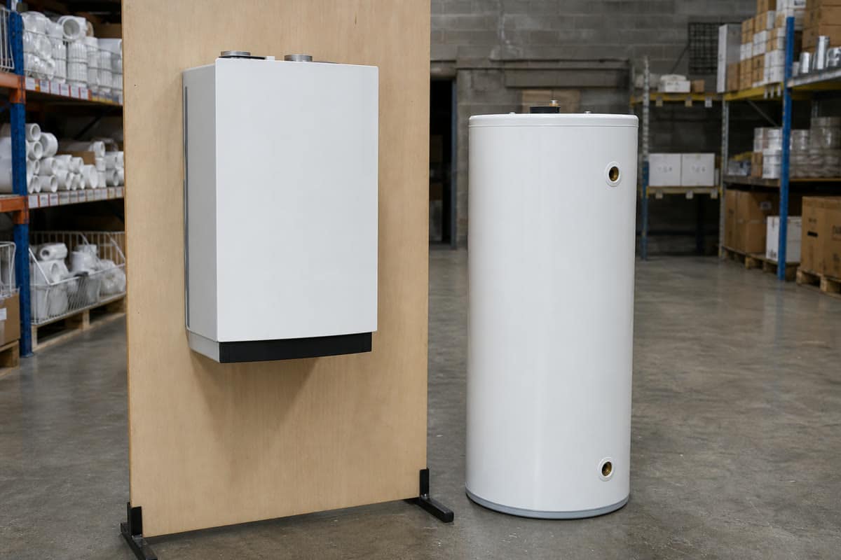 Tankless and storage water heaters shown side by side for an operating-cost comparison