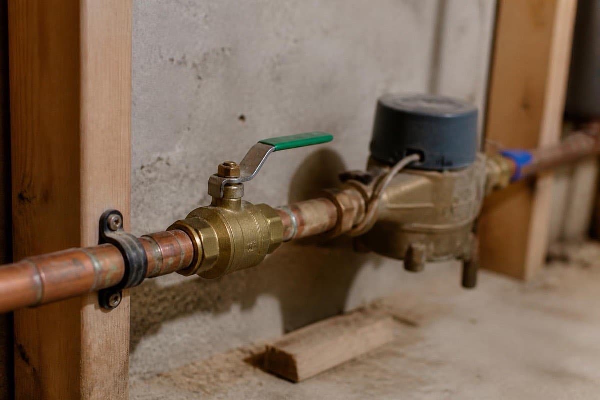 Close-up of a residential ball-type main water shutoff valve with a lever handle near a water meter