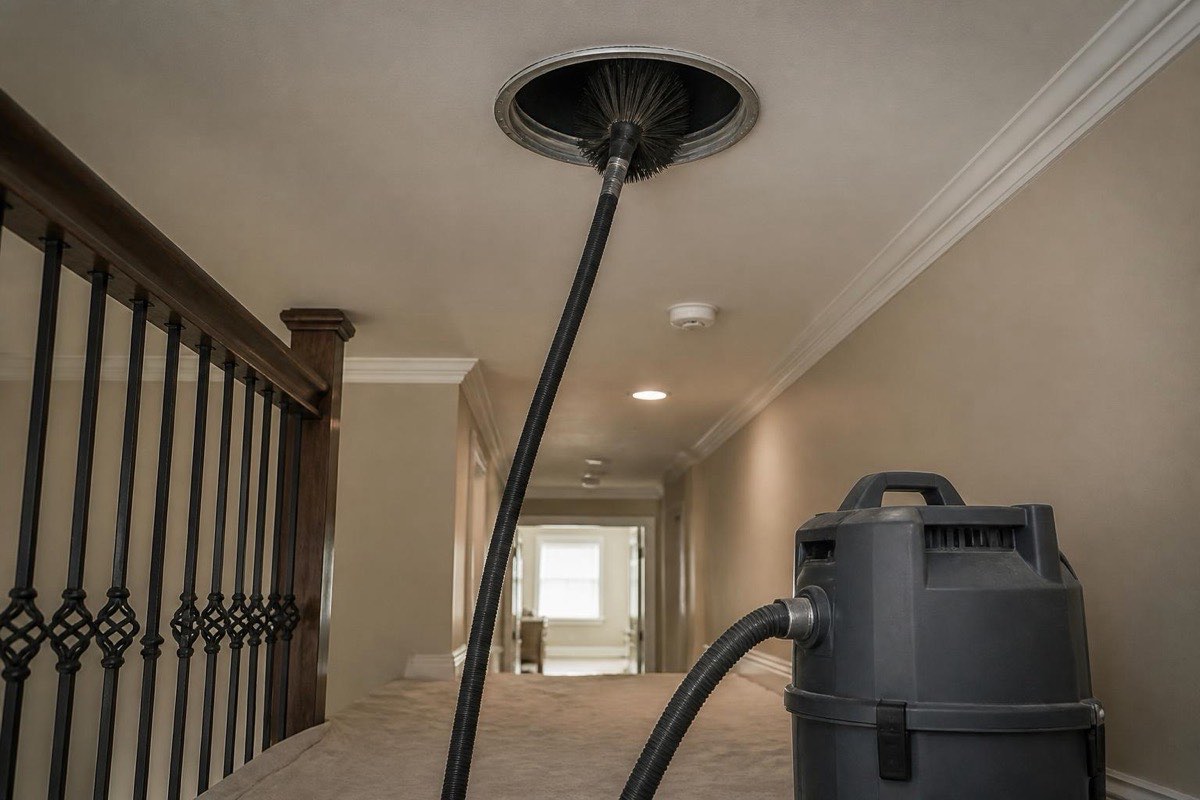 Technician feeding a duct cleaning brush hose into a round vent register in a Vaughan home hallway
